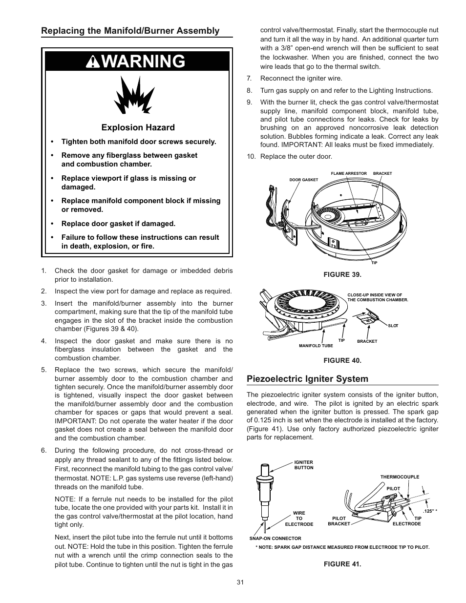 Warning, Piezoelectric igniter system, Replacing the manifold/burner assembly | Explosion hazard | Kenmore POWER MISER 153.339432 User Manual | Page 31 / 40
