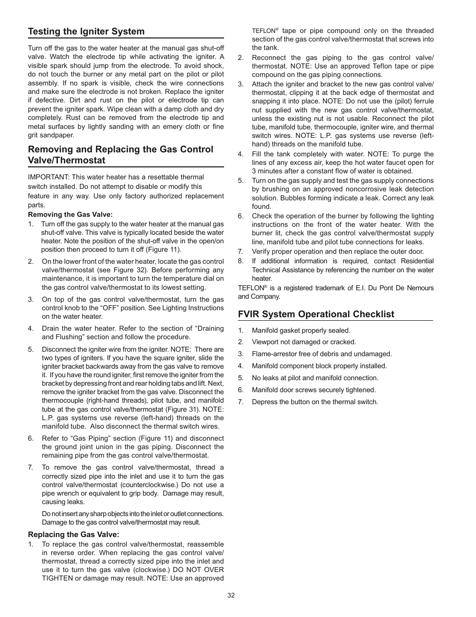 Fvir system operational checklist, Testing the igniter system | Kenmore POWER MISER 153.339432 User Manual | Page 32 / 40