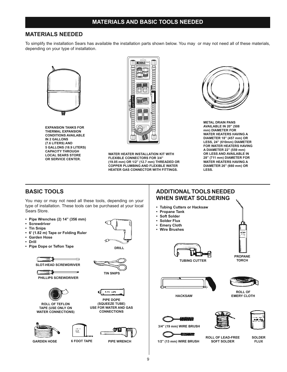 Materials and basic tools needed materials needed, Basic tools, Additional tools needed when sweat soldering | Kenmore POWER MISER 153.339432 User Manual | Page 9 / 40