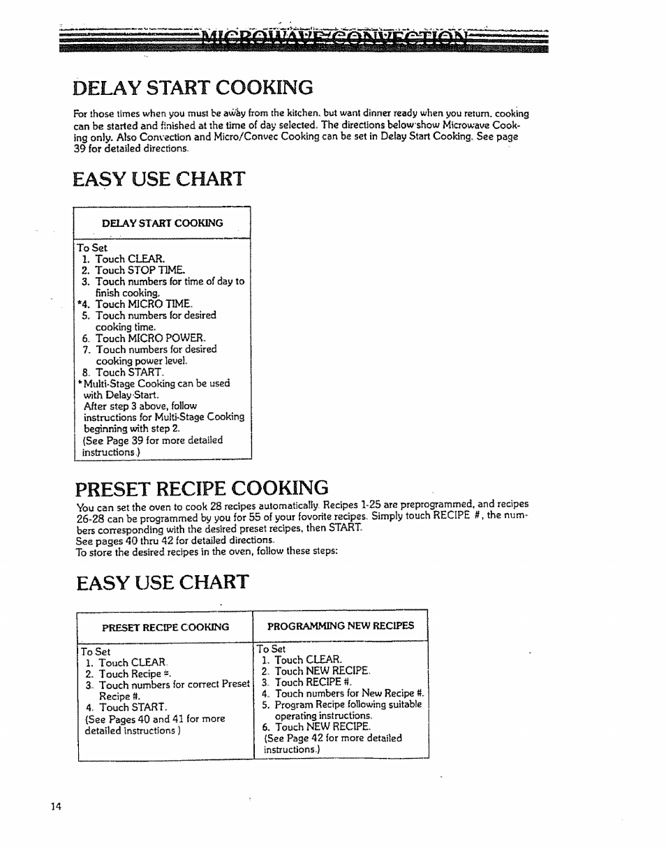 Delay start cooking, Easy use chart, Preset recipe cooking | H easy use chart —14, Easy, Use chart | Kenmore 88963 User Manual | Page 14 / 51