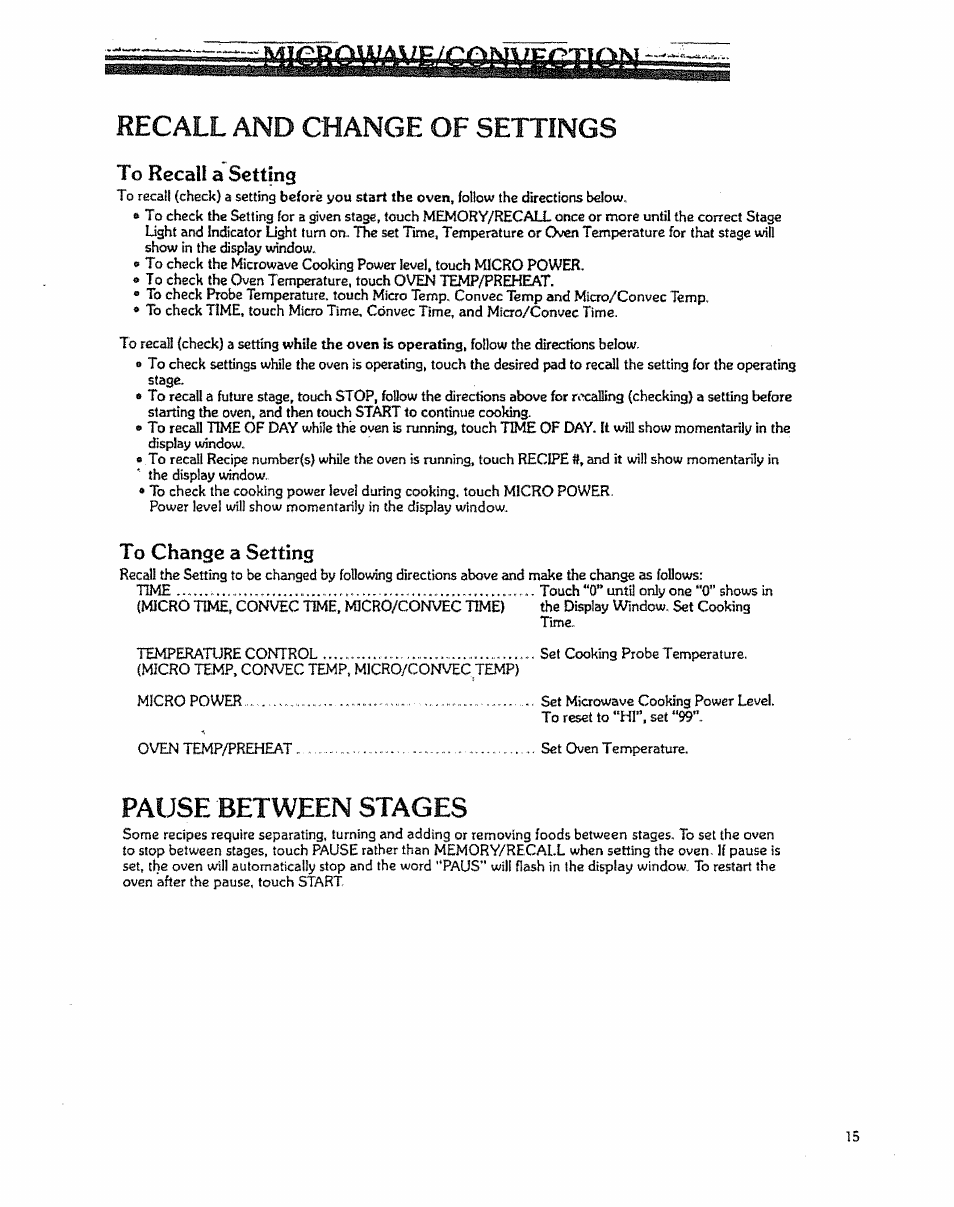 Recall and change of settings, H recall and change of settings, Pause between stages | Kenmore 88963 User Manual | Page 15 / 51