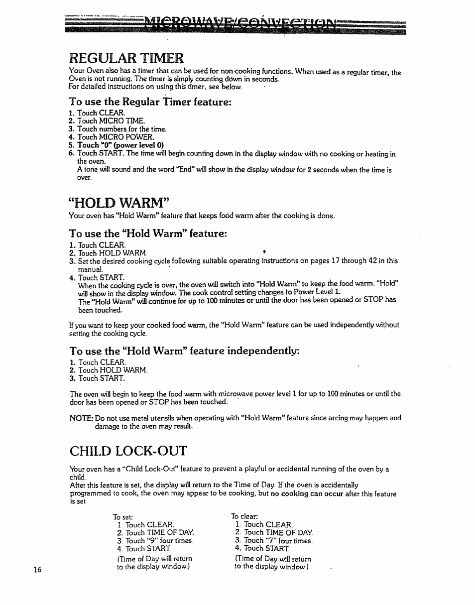 Regular timer, Hold warm, Child lock-out | Kenmore 88963 User Manual | Page 16 / 51