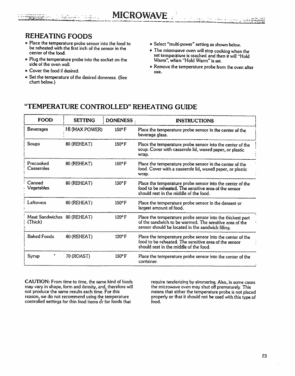 Microwave, Reheating foods, Temperature controlled" reheating guide | Kenmore 88963 User Manual | Page 23 / 51