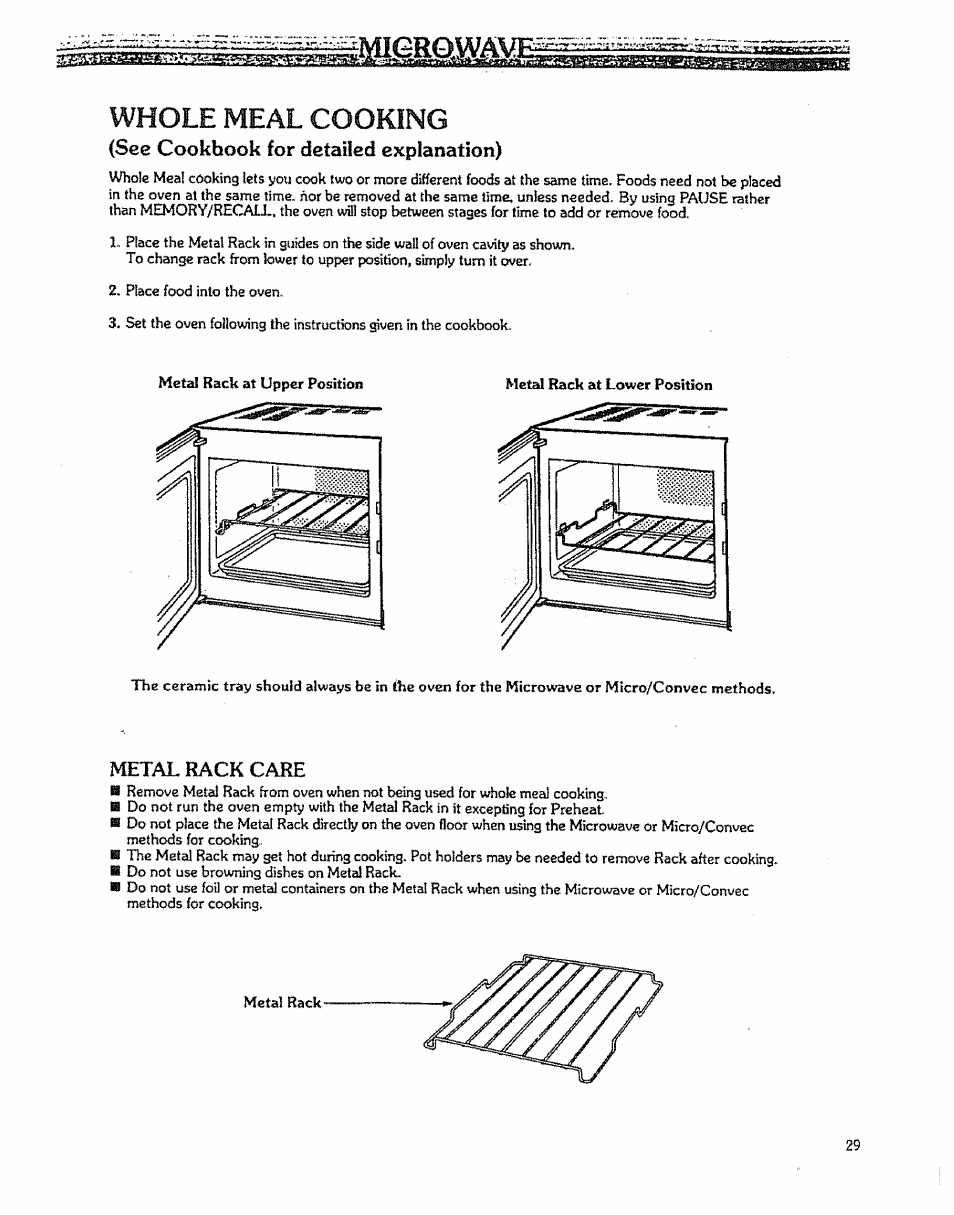 Whole meal cooking, 0rowáye, See cookbook for detailed explanation) | Metal rack care | Kenmore 88963 User Manual | Page 29 / 51