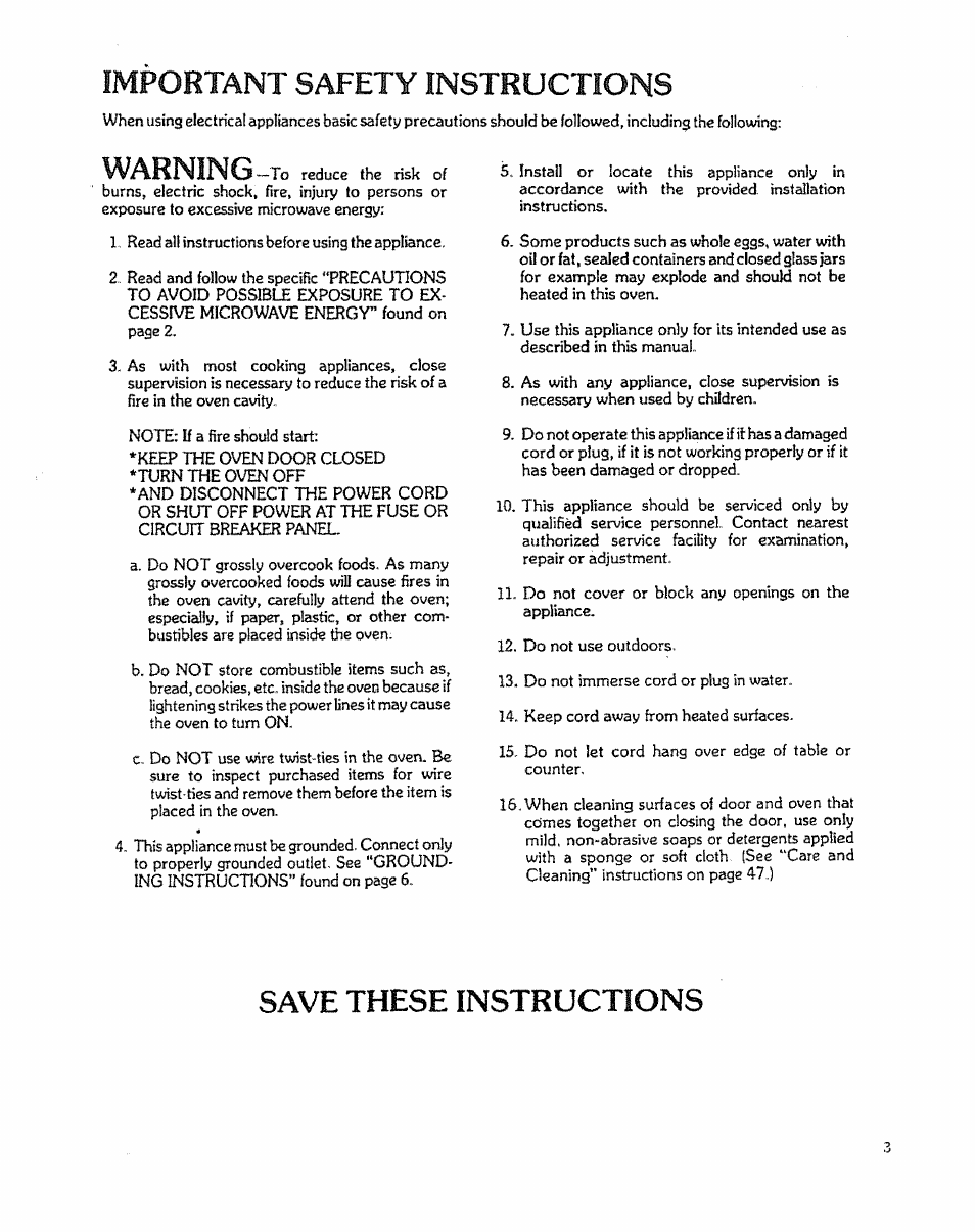 Important safety instructions, Save these instructions, Warning | Kenmore 88963 User Manual | Page 3 / 51