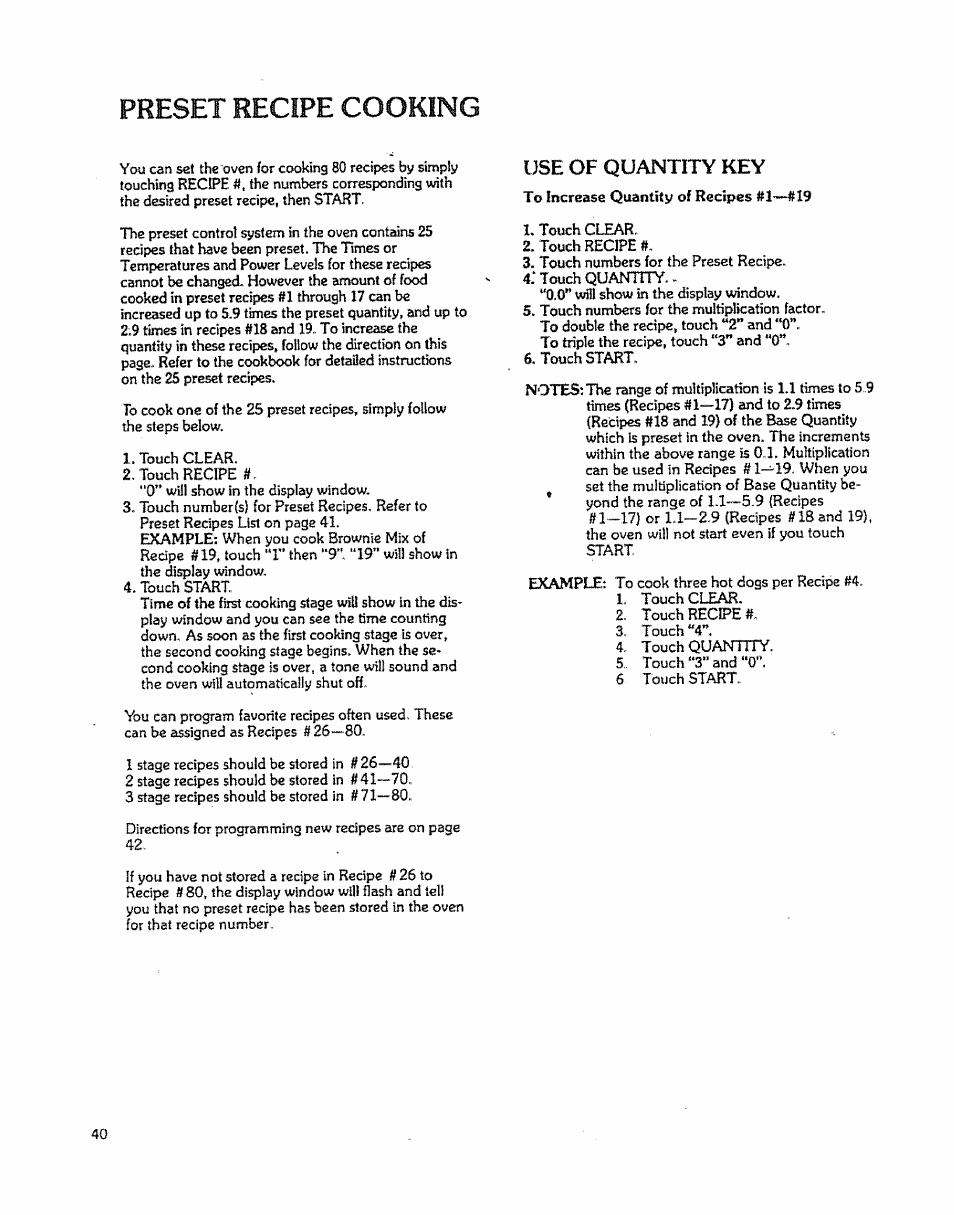 Preset recipe cooking, B preset recipe cooking...,., —41, Use of quantity key | Kenmore 88963 User Manual | Page 40 / 51