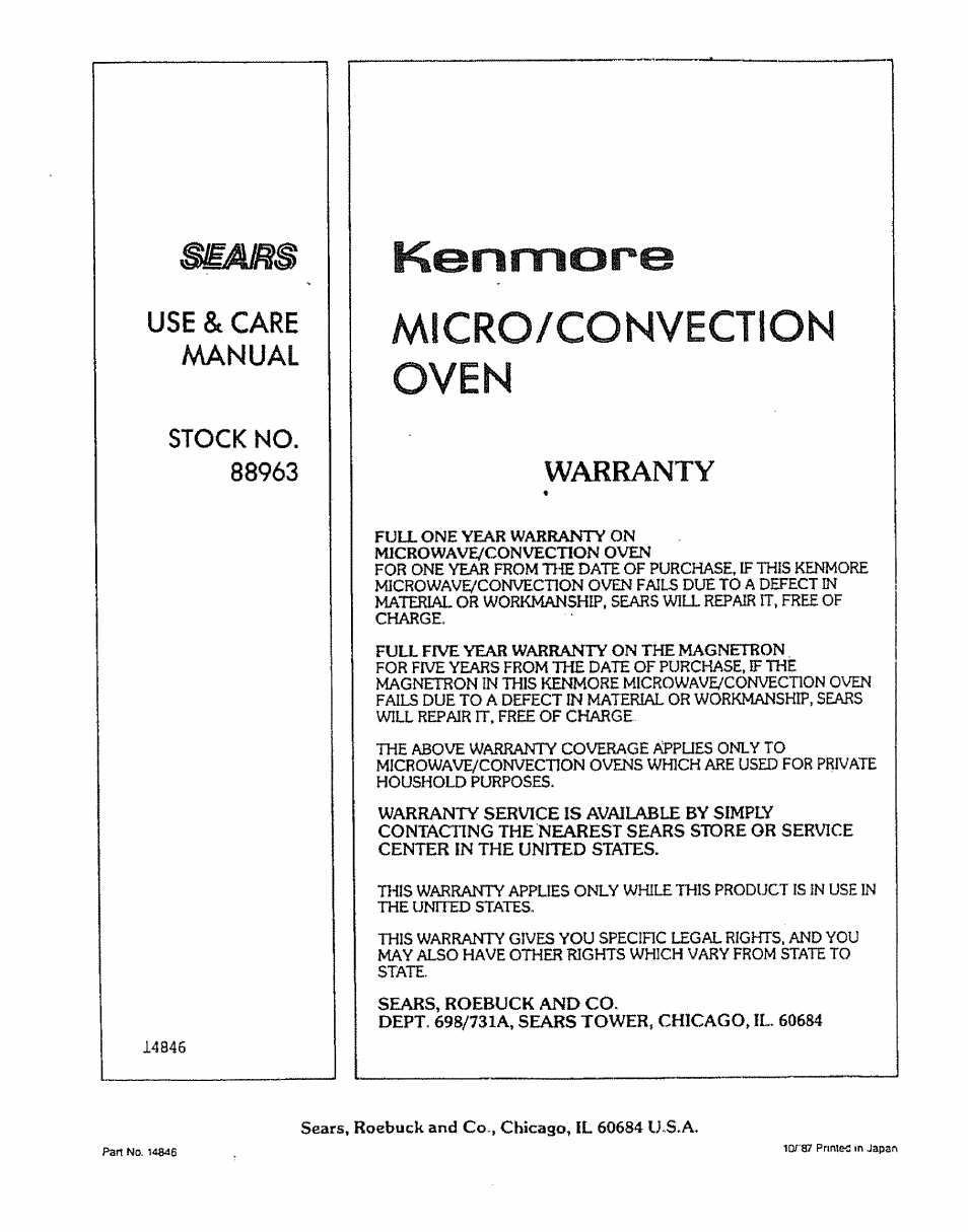 Use & care annual, Warranty, Micro/convection oven | Use & care | Kenmore 88963 User Manual | Page 51 / 51