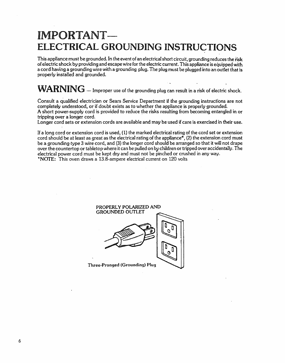 Electrical grounding instructions, B important—electrical grounding instructions, Grounding instructions | Warning, Important | Kenmore 88963 User Manual | Page 6 / 51