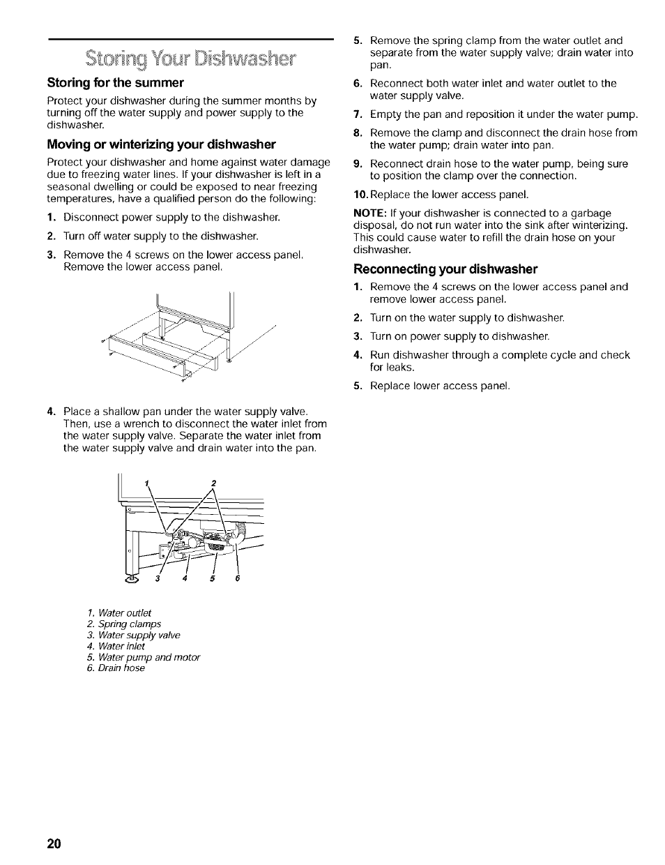 Storing for the summer, Moving or winterizing your dishwasher, Reconnecting your dishwasher | Kenmore 665.16819 User Manual | Page 20 / 72