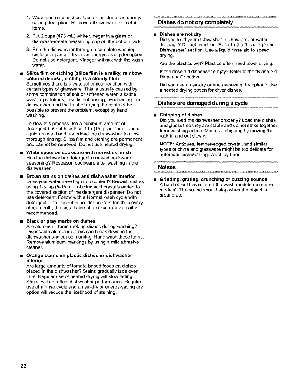 Dishes do not dry completely, Dishes are damaged during a cycle, Noises | Kenmore 665.16819 User Manual | Page 22 / 72