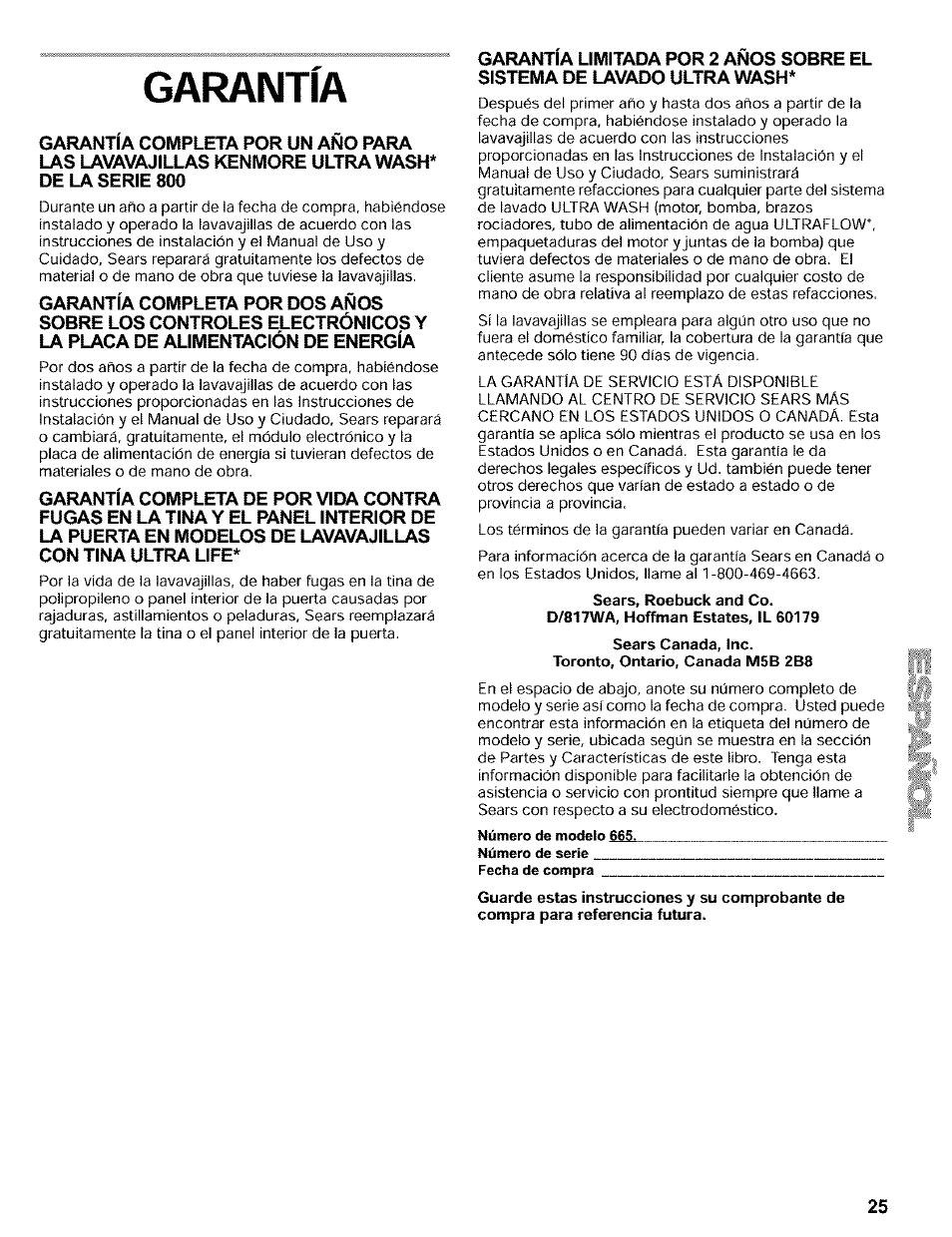 Garantía | Kenmore 665.16819 User Manual | Page 25 / 72