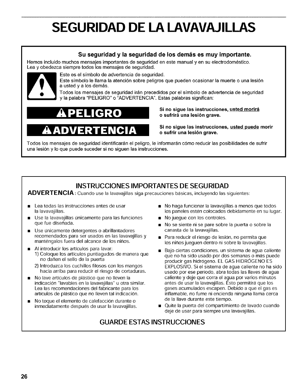 Seguridad de la lavavajillas, Apeligro | Kenmore 665.16819 User Manual | Page 26 / 72