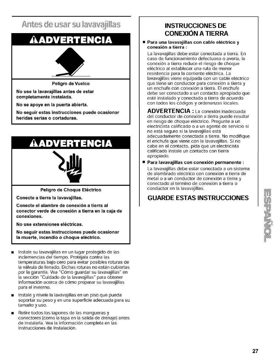 Peligro de vuelco, Peligro de choque eléctrico, No use extensiones eiéctricas | Instruccioimes de conexiónatierra, Guarde estas instrucciones, Advertencia, Ikadvertencia | Kenmore 665.16819 User Manual | Page 27 / 72