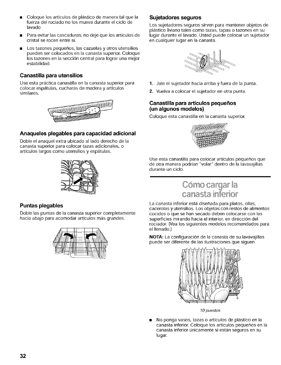 Canastilla para utensilios, Anaqueles plegables para capacidad adicional, Sujetadores seguros | Kenmore 665.16819 User Manual | Page 32 / 72