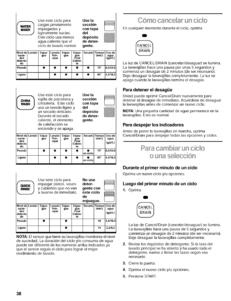 Para detener el desagüe, Para despejar los indicadores, Durante el primer minuto de un ciclo | Luego del primer minuto de un ciclo | Kenmore 665.16819 User Manual | Page 38 / 72