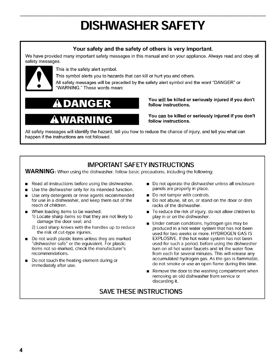 Dishwasher safety, A warning, Adanger | Kenmore 665.16819 User Manual | Page 4 / 72