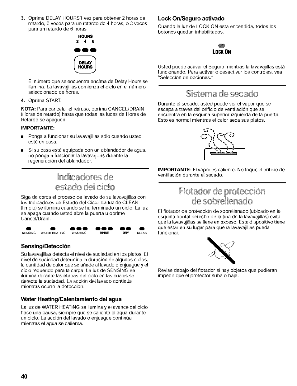 Lock on/seguro activado, Sensing/detección, Water heatíng/caientamiento del agua | Kenmore 665.16819 User Manual | Page 40 / 72