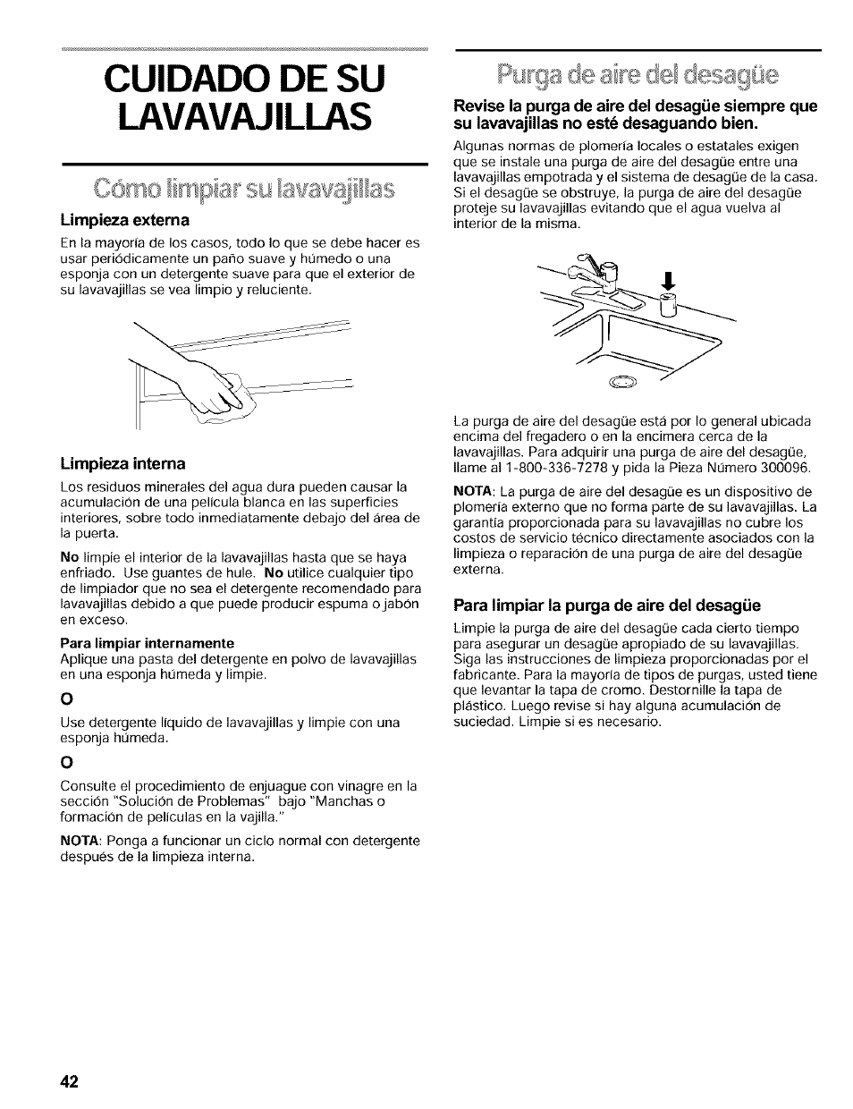 Cuidado de su, Limpieza externa, Limpieza interna | Para limpiar ia purga de aire dei desagüe, I a\a/v\aa iii i | Kenmore 665.16819 User Manual | Page 42 / 72