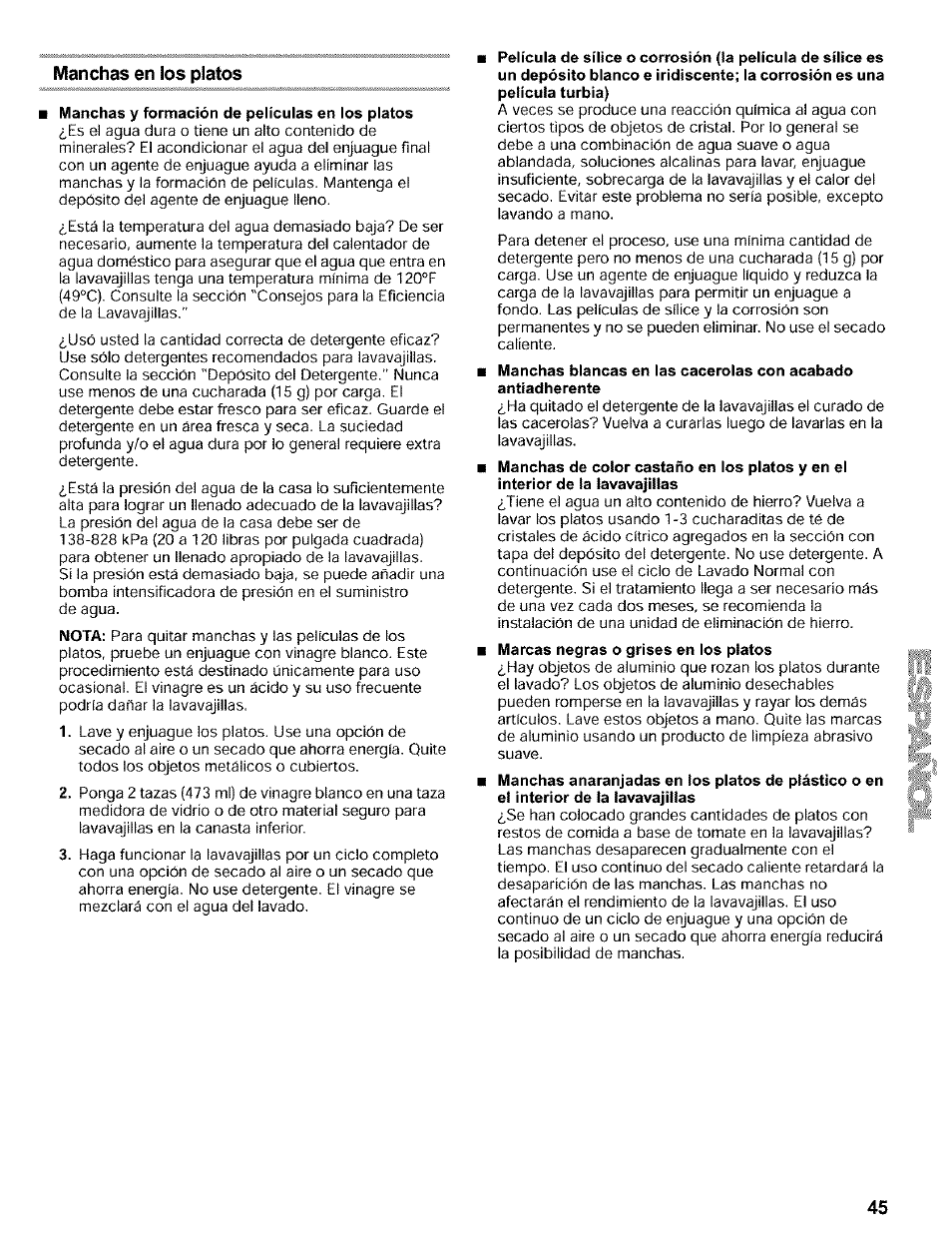 Manchas en ios platos, Manchas y formación de películas en los platos | Kenmore 665.16819 User Manual | Page 45 / 72