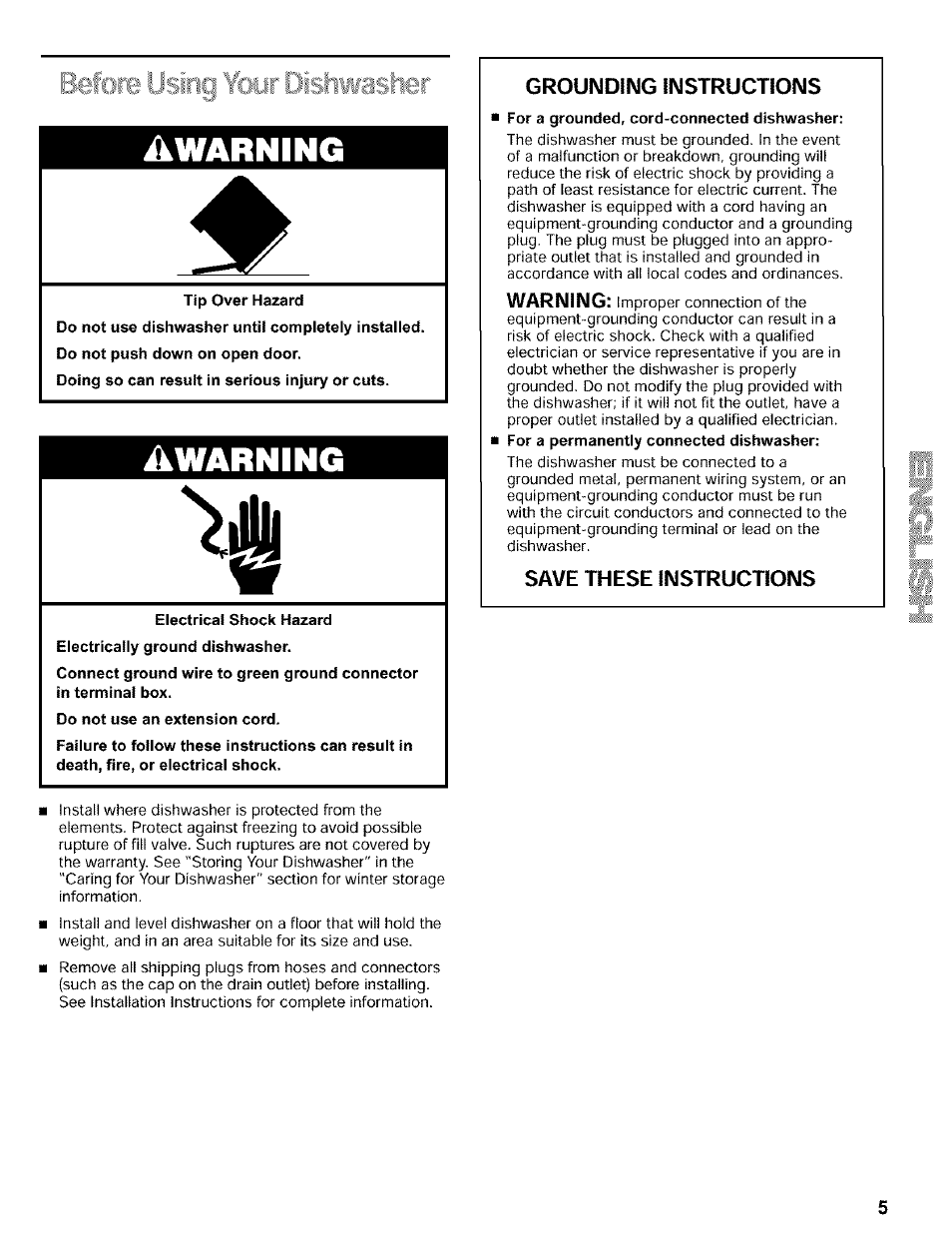 Tip over hazard, Electrical shock hazard, Do not use an extension cord | Ikwarning | Kenmore 665.16819 User Manual | Page 5 / 72