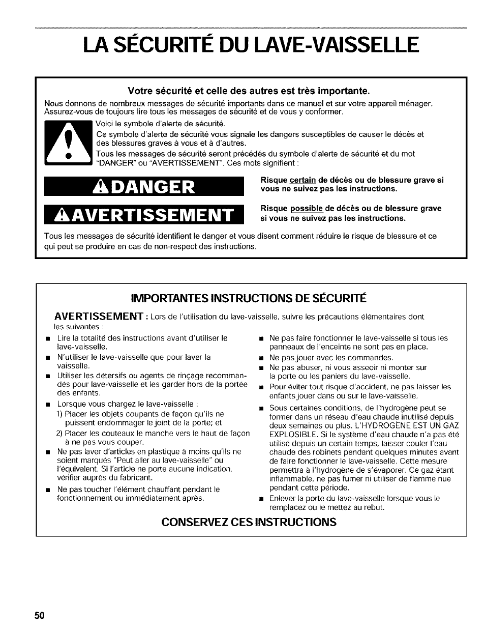 La sécurité du lave-vaisselle, Importantes instructions de sécurité, Conservez ces instructions | Adanger, Avertissement | Kenmore 665.16819 User Manual | Page 50 / 72