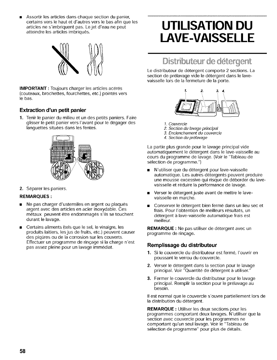 Extraction d’un petit panier, Utilisation du, Lave-vaisselle | Remplissage du distributeur, Utilisation du lave-vaisselle | Kenmore 665.16819 User Manual | Page 58 / 72