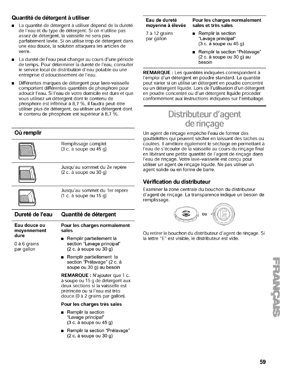 Quantité de détergent à utiliser, Où rempiir, Dureté de l’eau quantité de détergent | Eau douce ou moyennement dure, Pour les charges normalement sales, Pour les charges très sales, Pour les charges normalement sales et très sales, Vérification du distributeur | Kenmore 665.16819 User Manual | Page 59 / 72