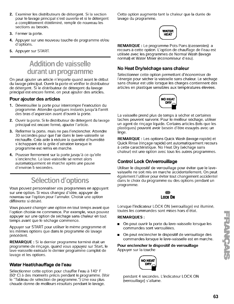 Pour ajouter des articles, Water heatfchauffage de l’eau, No heat dry/séchage sans chaleur | Control lock onaferrouiiiage | Kenmore 665.16819 User Manual | Page 63 / 72