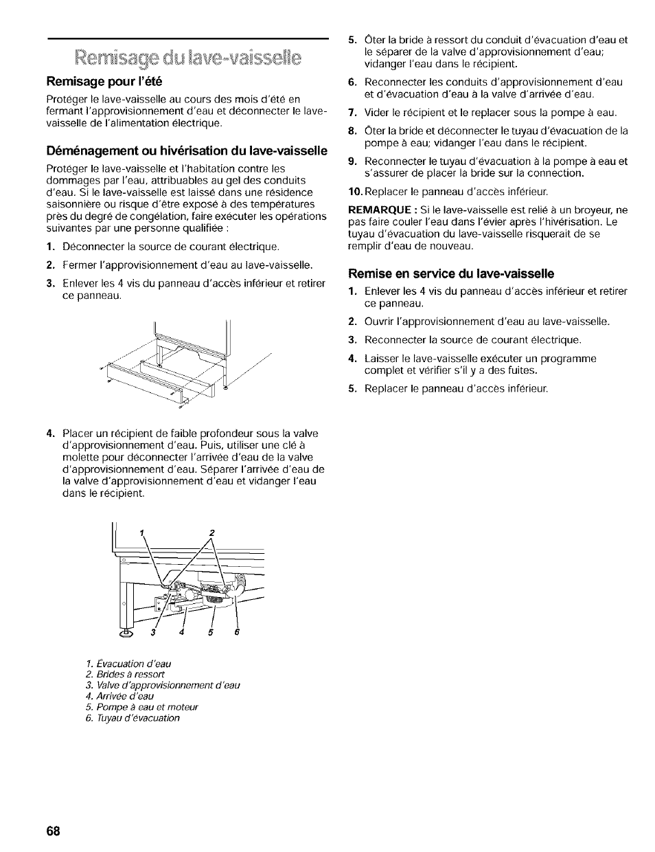 Remisage pour l’été, Déménagement ou hivérisatîon du !ave-vaisse!!e, Remise en service du iave-vaisseüe | Kenmore 665.16819 User Manual | Page 68 / 72