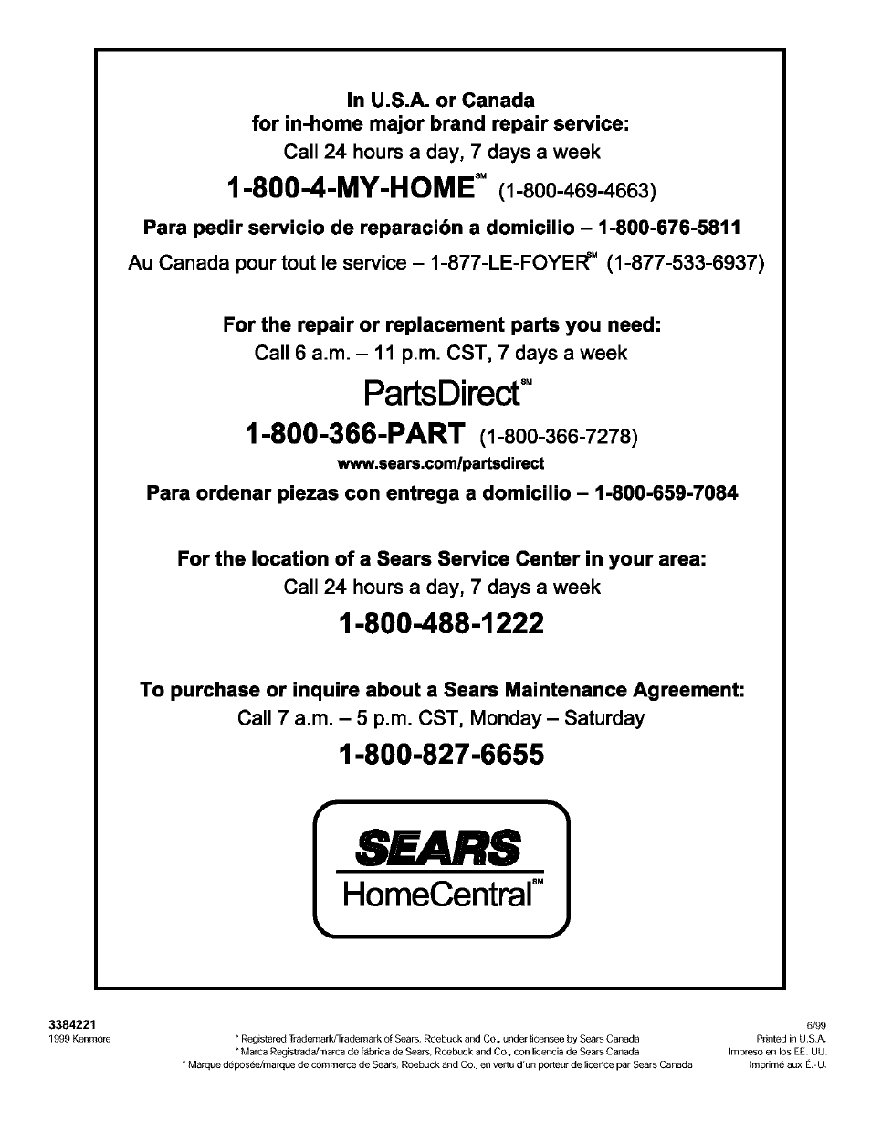 In u.s.a. or canada, For the repair or replacement parts you need, Partsdirect | 800-4-my-home | Kenmore 665.16819 User Manual | Page 72 / 72