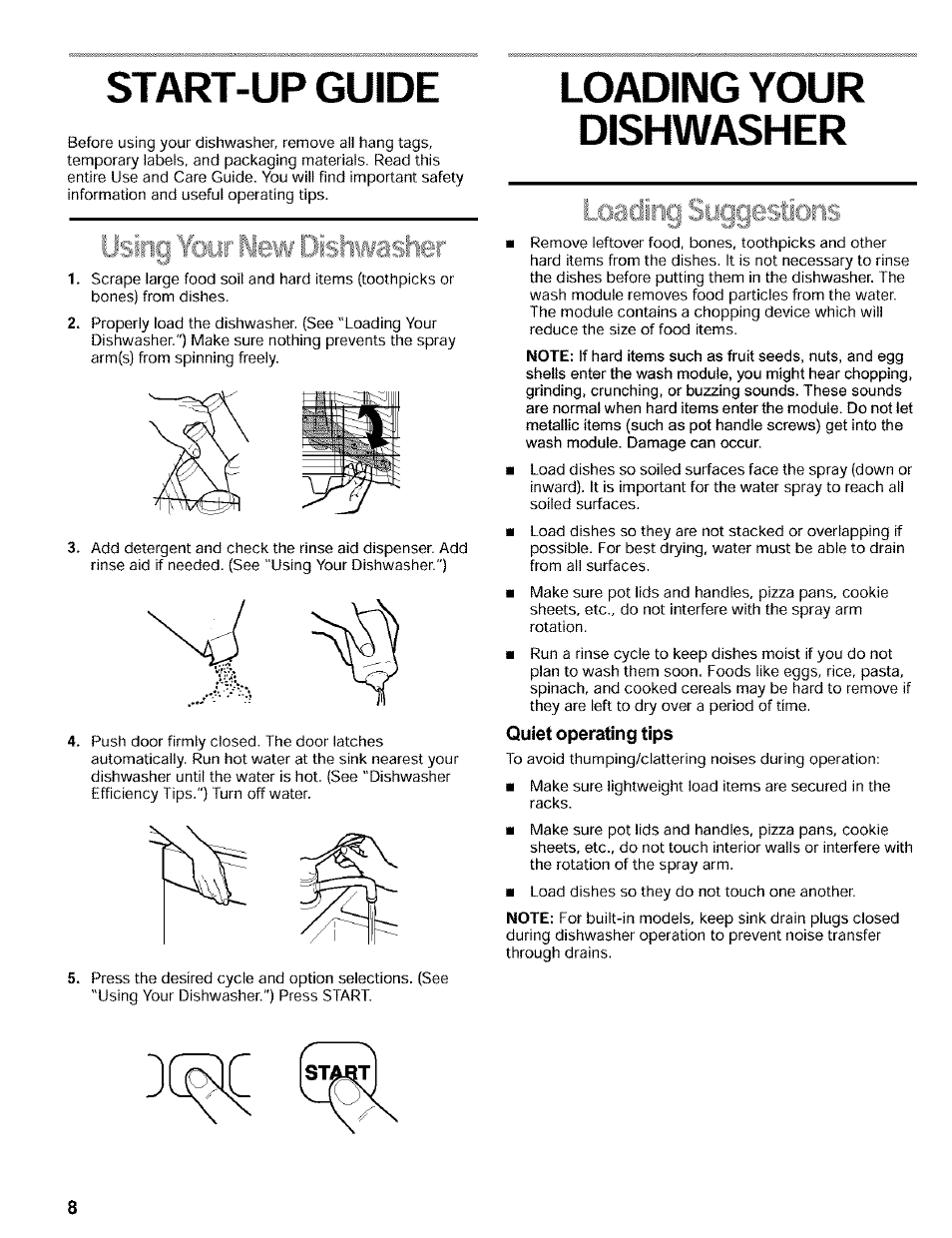 Start-up guide, Loading your, Quiet operating tips | Ulolivvaolitk, R%|0 ljl aia o lj c* d | Kenmore 665.16819 User Manual | Page 8 / 72