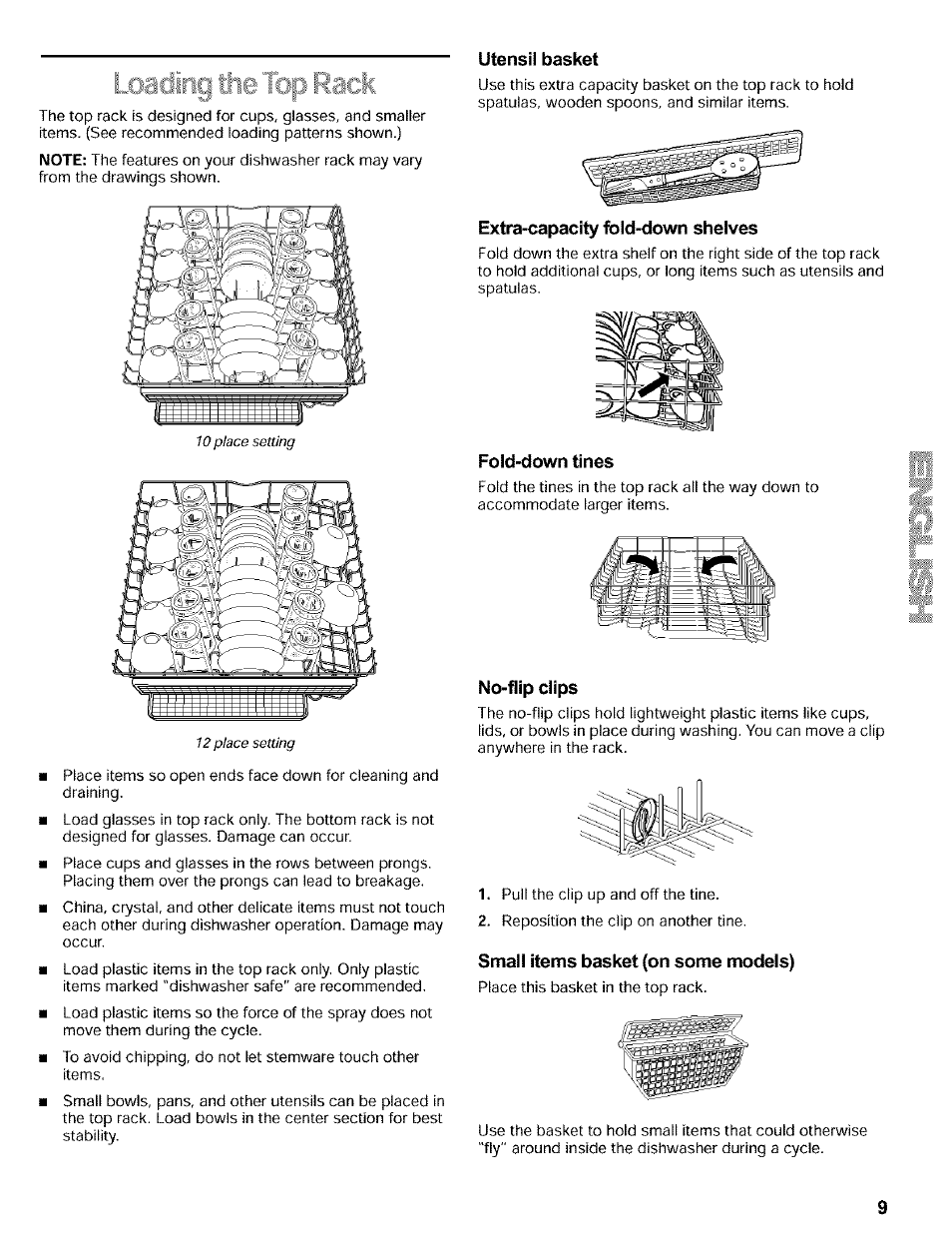 Utensii basket, Extra-capacity fold-down shelves, Fold-down tines | No-flip clips, Small items basket (on some models) | Kenmore 665.16819 User Manual | Page 9 / 72