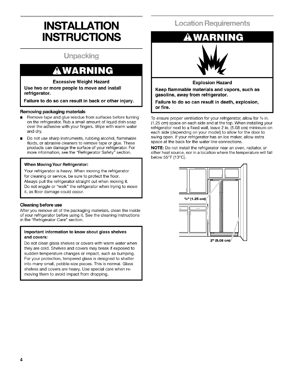 Installation, Instructions, Removing packaging materials | Cleaning before use, Awarning, Installation instructions, Unpacking, Location reqyiibitients | Kenmore 10653094300 User Manual | Page 4 / 25