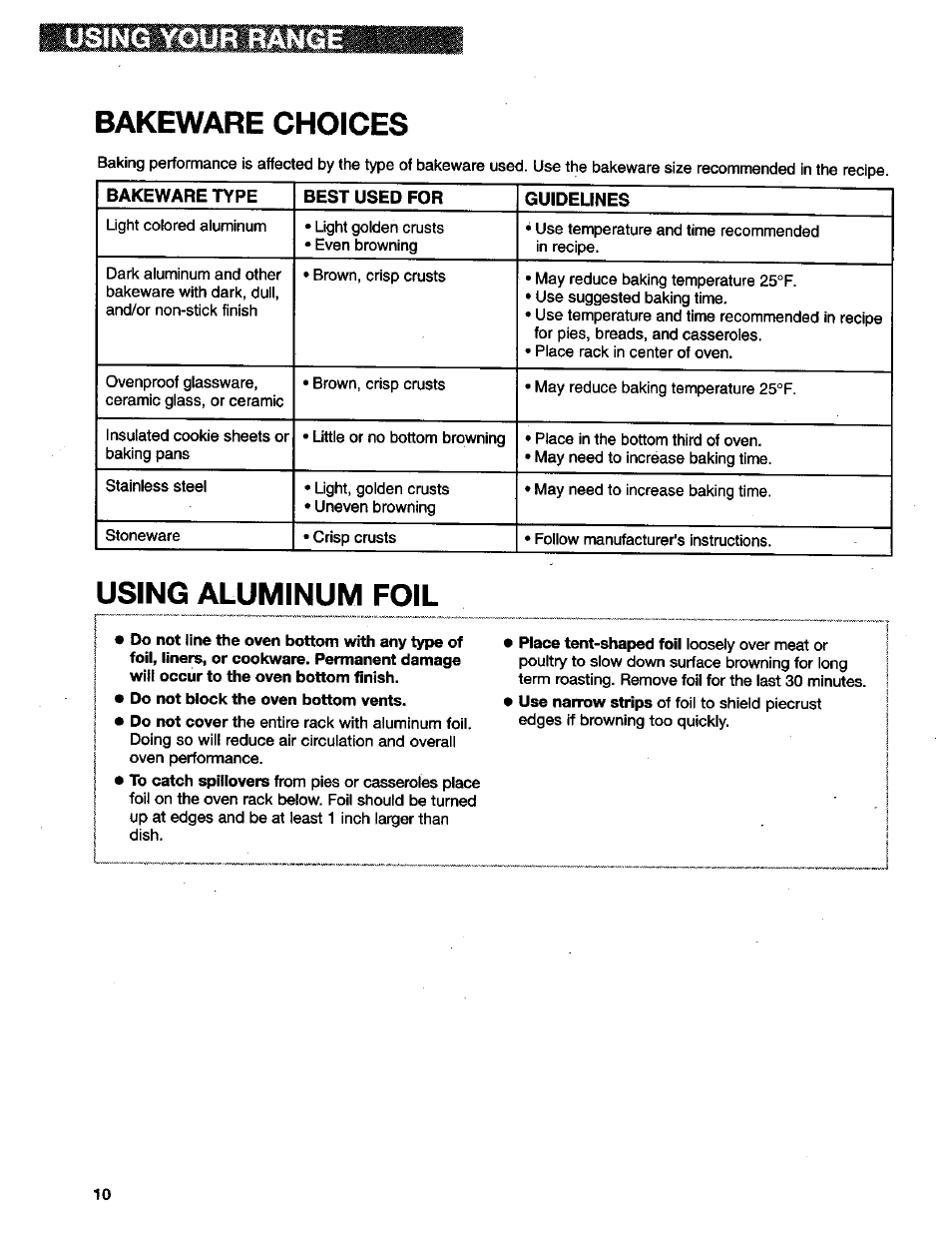 Bakeware choices, Using aluminum foil, Using your range | Kenmore 665.75832 User Manual | Page 10 / 41