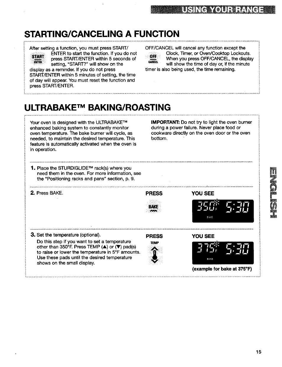 Starting/canceling a function, Ultrabake™ baking/roasting, Usino youb range | Kenmore 665.75832 User Manual | Page 15 / 41