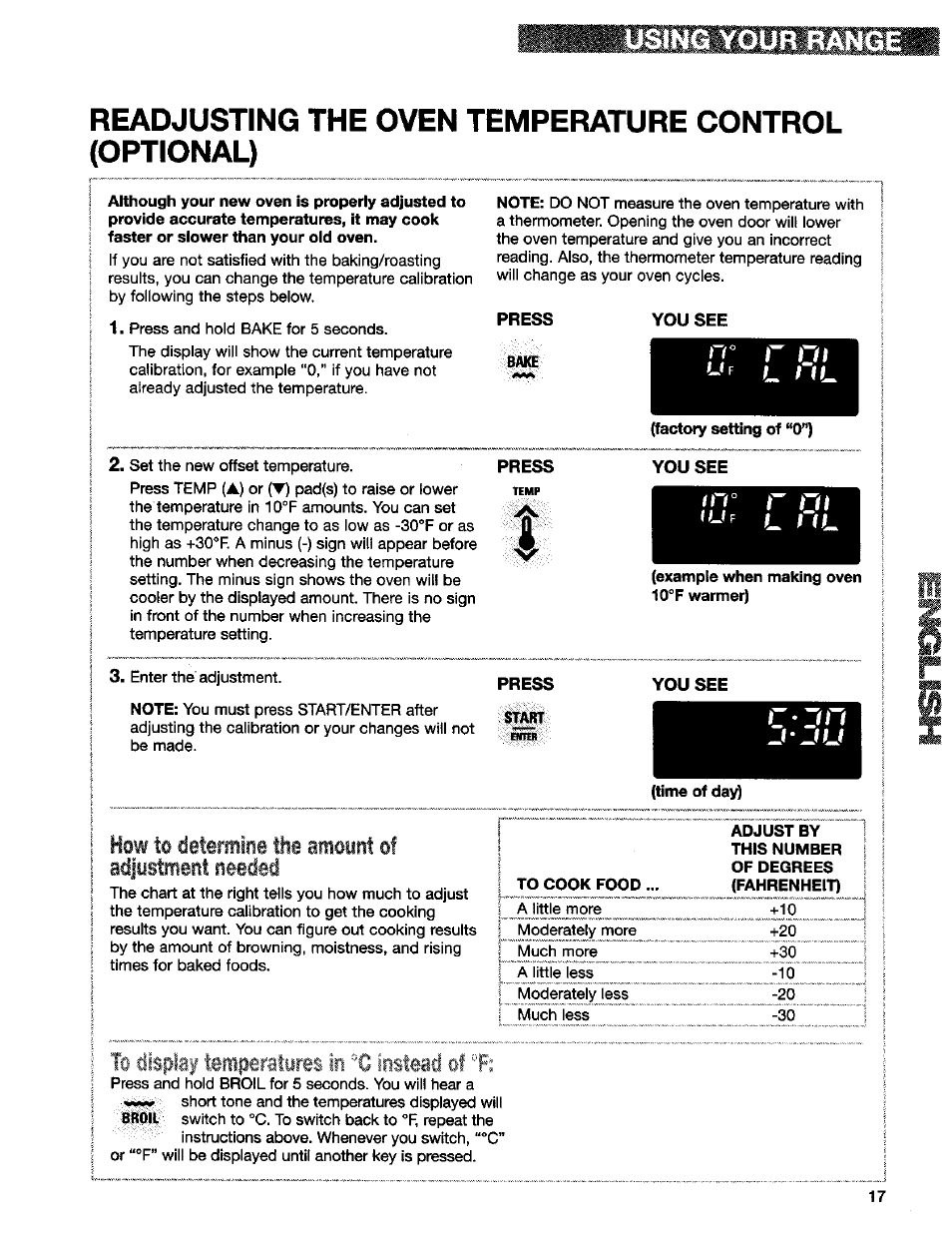 Using your range, How to detormioa the amount of adjustment needed | Kenmore 665.75832 User Manual | Page 17 / 41