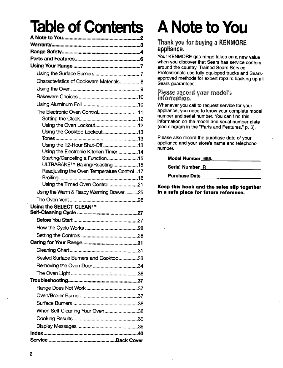 Table of cortterrts | Kenmore 665.75832 User Manual | Page 2 / 41