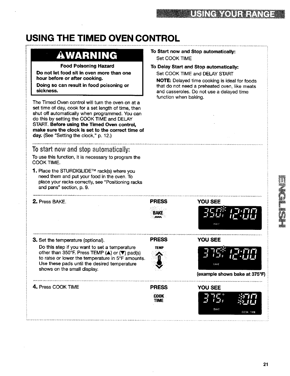 Warning, Using the timed oven control | Kenmore 665.75832 User Manual | Page 21 / 41