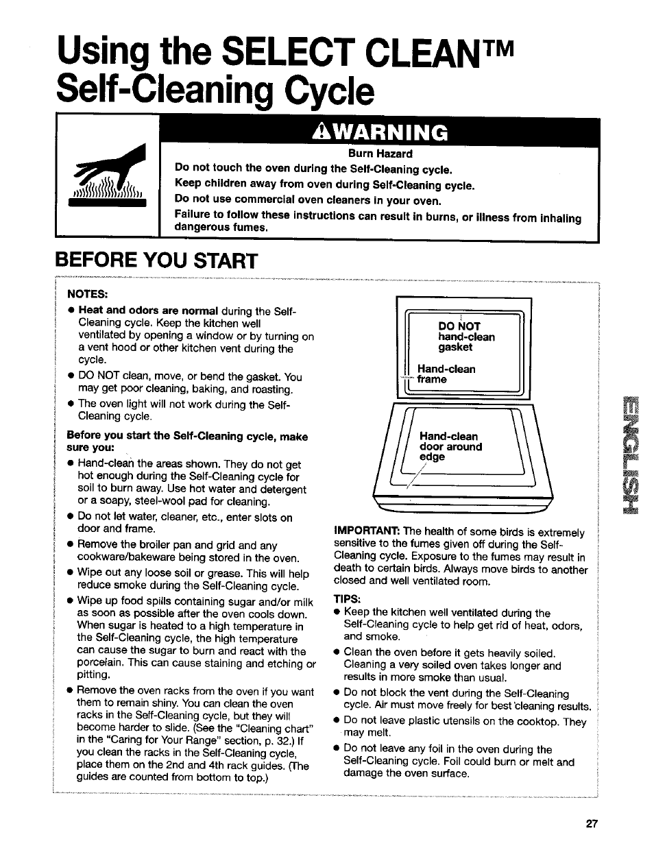 Using the select clean, Before you start, Warning | Kenmore 665.75832 User Manual | Page 27 / 41