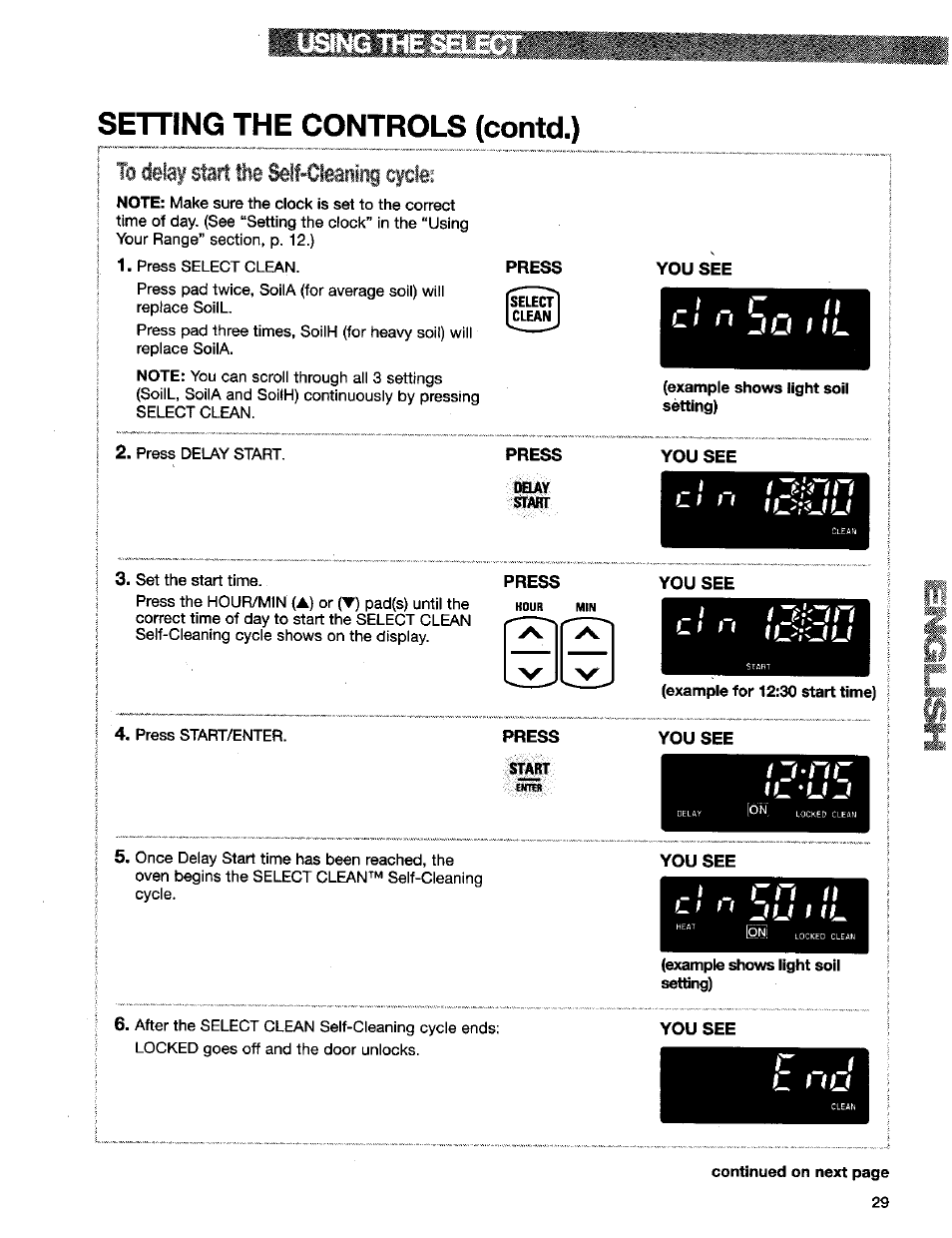 Fl -u-i, I y { o n, L u i | Setting the c^trols (contd.), J to delay start the self-cleaiing cycle | Kenmore 665.75832 User Manual | Page 29 / 41