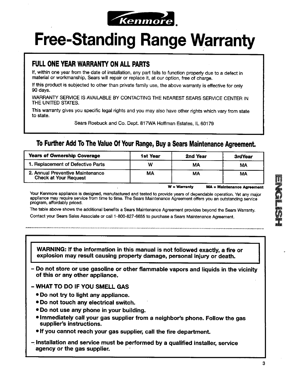 Free-standing range warranty, Kgtimcfrg | Kenmore 665.75832 User Manual | Page 3 / 41