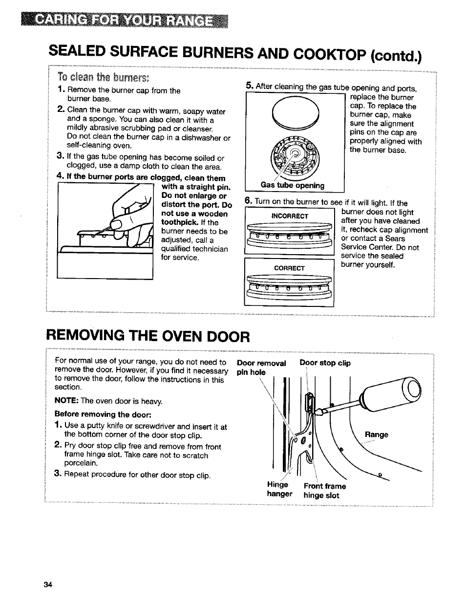 Sealed surface burners and cooktop (contd.), Removing the oven door, Caring for your rang | Kenmore 665.75832 User Manual | Page 34 / 41