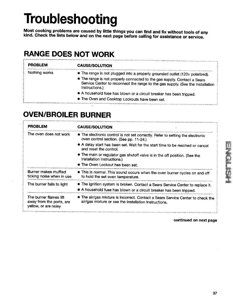 Troubleshooting, Range does not work, Oven/broiler burner | Kenmore 665.75832 User Manual | Page 37 / 41