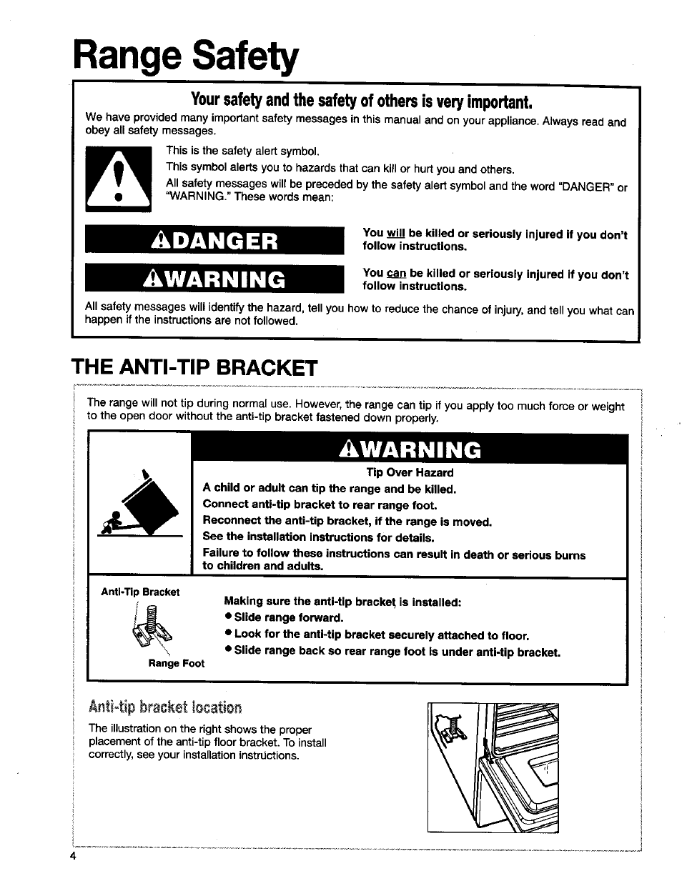 Range safety, Danger ^warning, Warning | The anti-tip bracket | Kenmore 665.75832 User Manual | Page 4 / 41