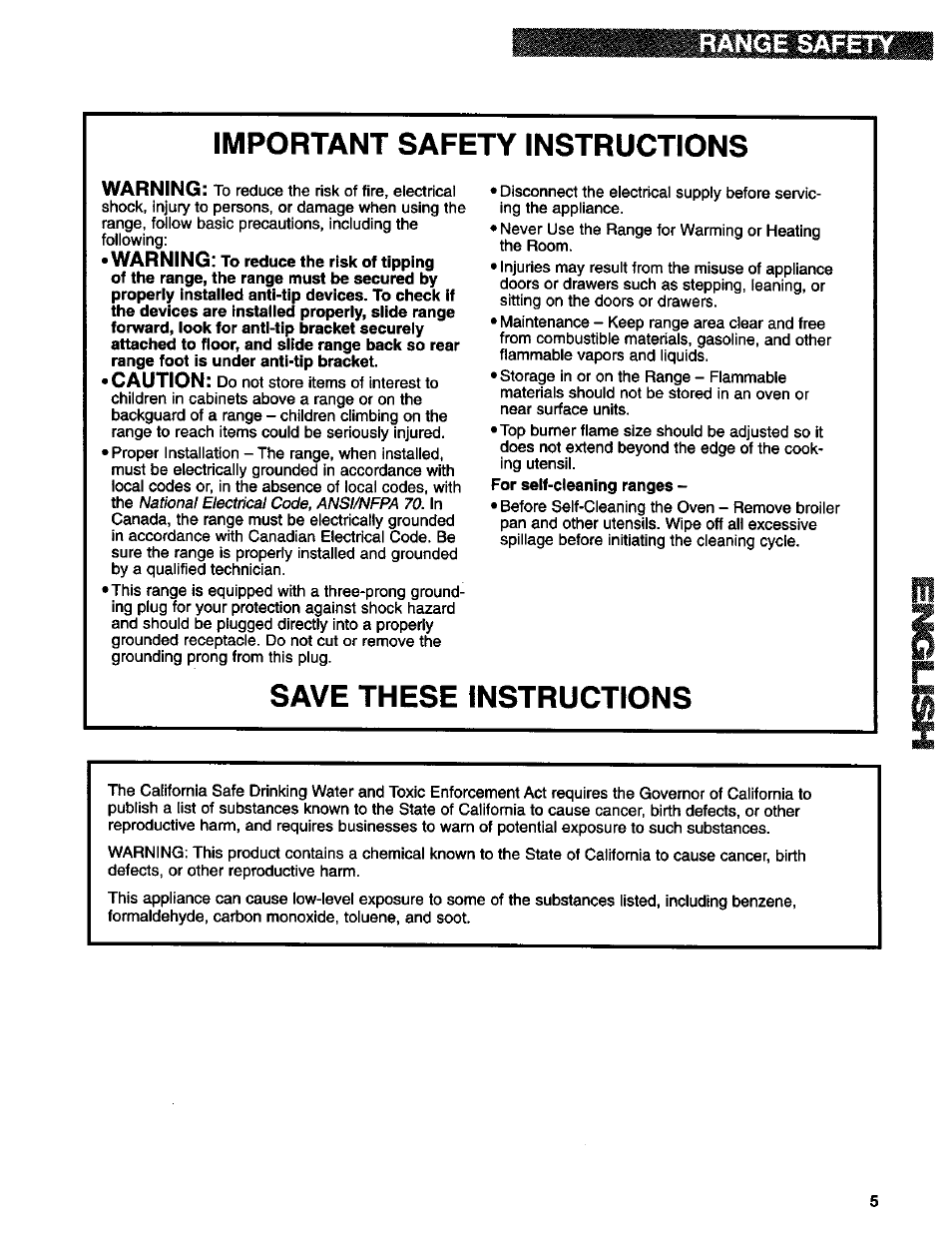 Important safety instructions, Save these instructions, Range safety | Warning, Caution | Kenmore 665.75832 User Manual | Page 5 / 41