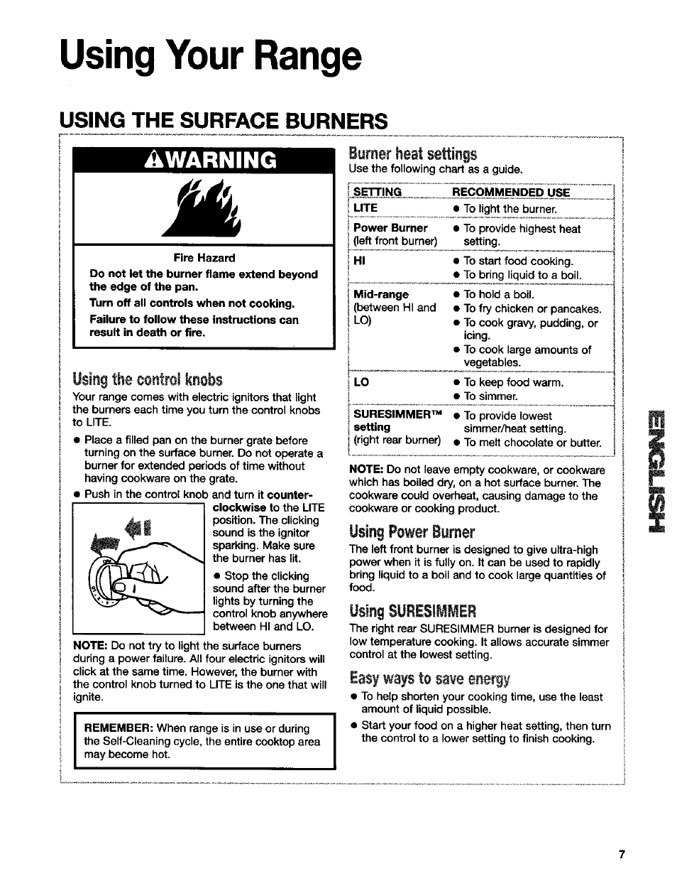 Using your range, Warning, Using the surface burners | Using the eontrol knobs, Burner heat settings, Using power burner, Using suresimmer, Easy ways to save energy | Kenmore 665.75832 User Manual | Page 7 / 41