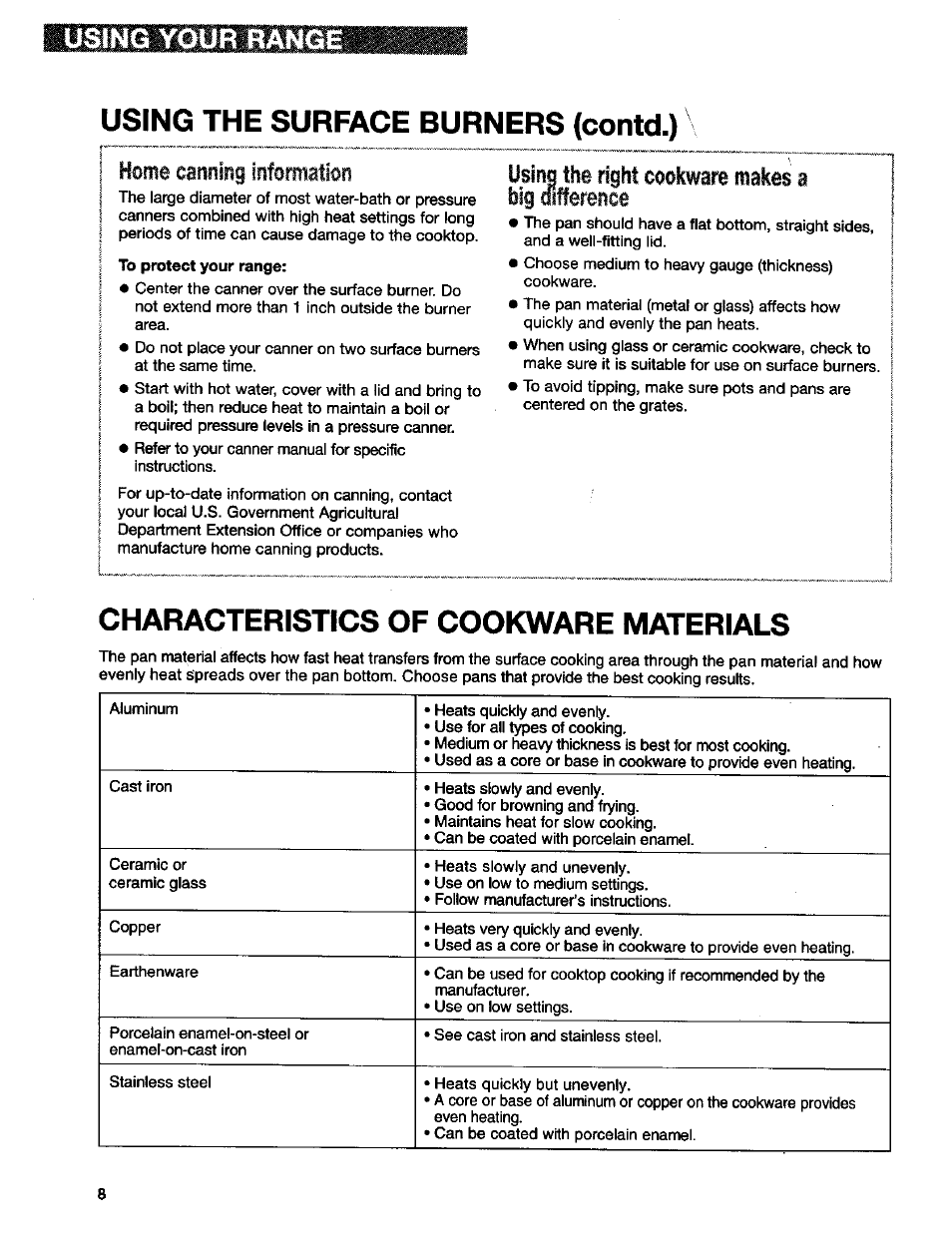 Using the surface burners (contd.), Characteristics of cookware materials, Using your range | Home canning information, Using, Right cookware makes a big difference | Kenmore 665.75832 User Manual | Page 8 / 41