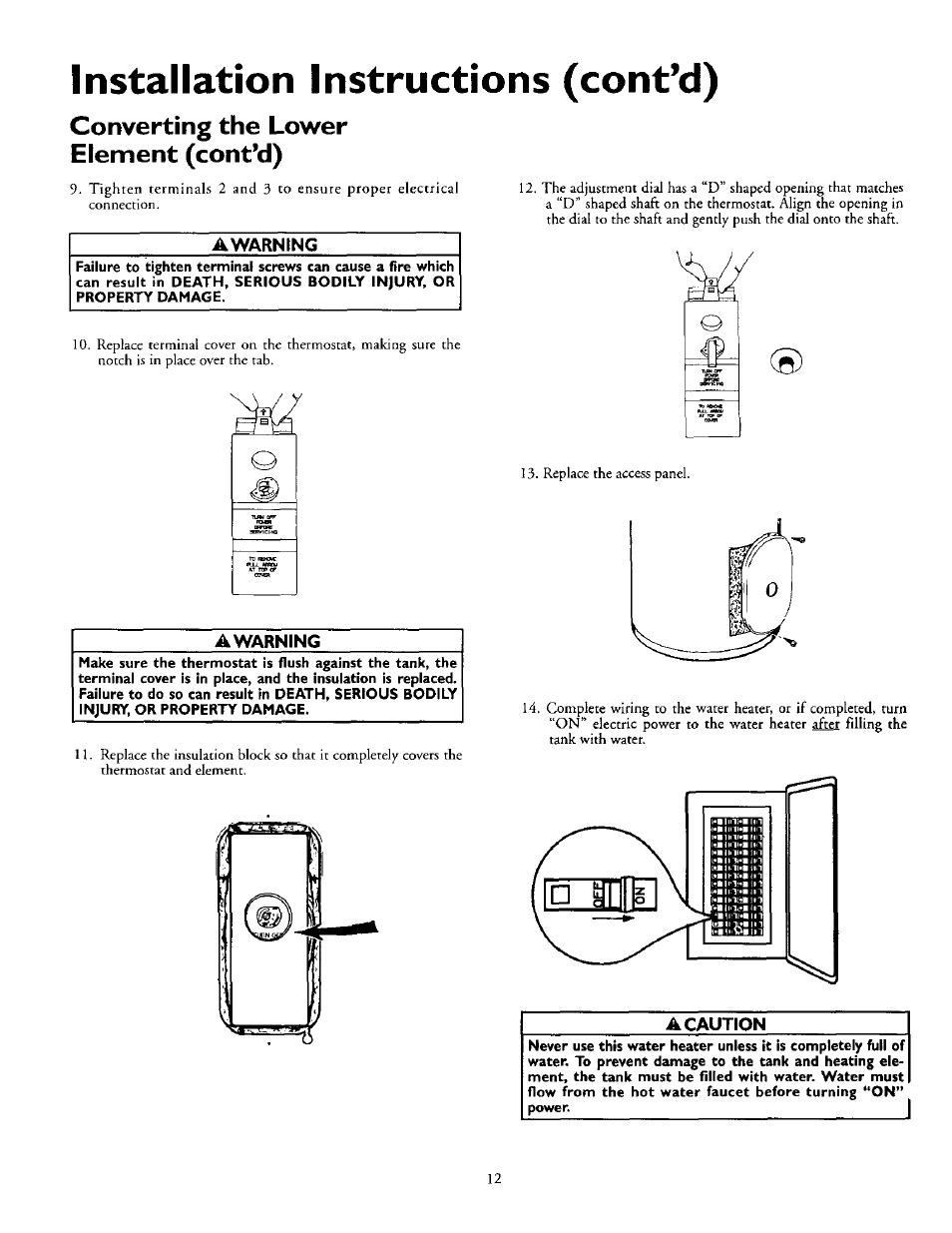 Converting the lower element (cont’d), Awarntng, A warning | A caution, Installation instructions (cont’d) | Kenmore Power Miser 12 153.320493 HT User Manual | Page 12 / 32