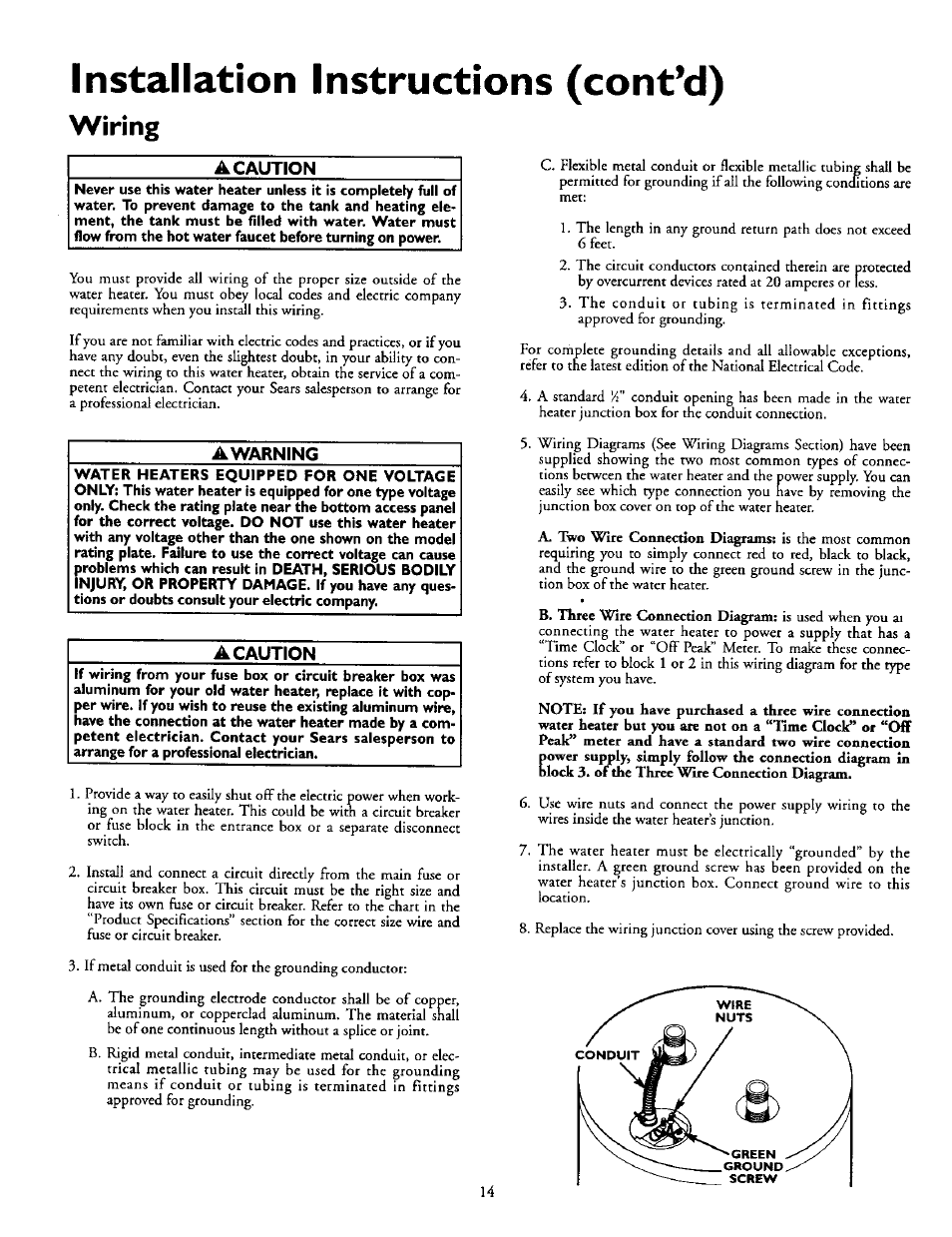 Wiring, A caution, Awarning | Installation instructions (cont’d) | Kenmore Power Miser 12 153.320493 HT User Manual | Page 14 / 32