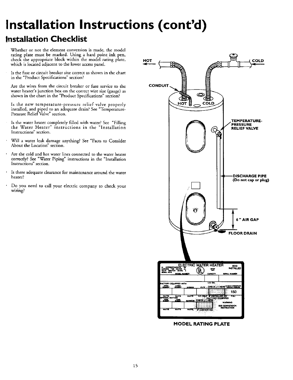 Installation checklist, Installation instructions (cont’d) | Kenmore Power Miser 12 153.320493 HT User Manual | Page 15 / 32